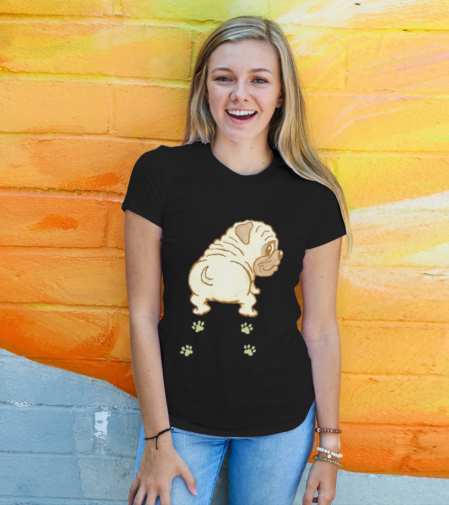 Pug Looking Back With Paw Prints Dog Cute Canine T-Shirt