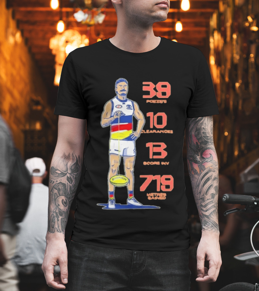 Izak Rankine Adelaide Crows 39 Pozzies 10 Clearances 13 Score Inv 719 Metres Gained AFL Sherrin Rugby Stats T-Shirt