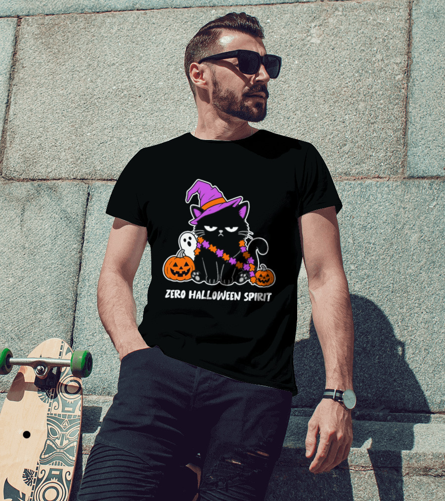 Zero Halloween Spirit Grumpy Black Cat With Pumpkin Ghost And Hat T-Shirt