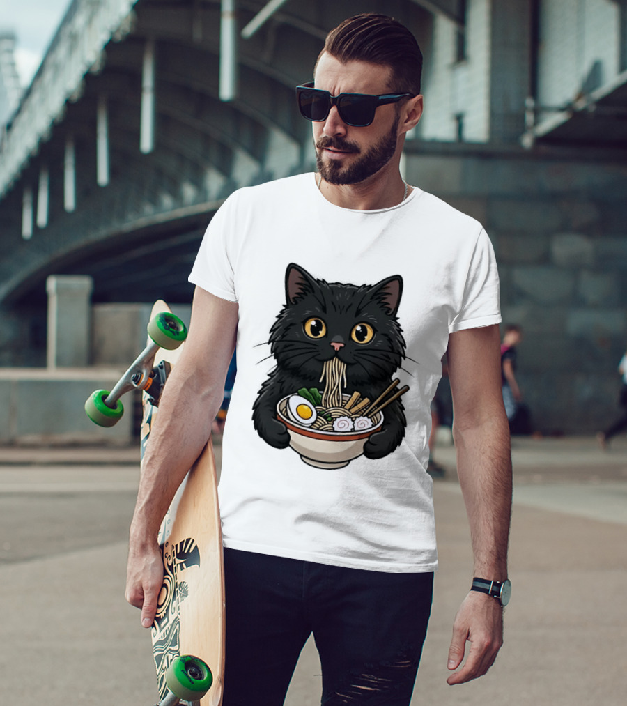 Black Cat Enjoying Ramen Noodles Anime T-Shirt
