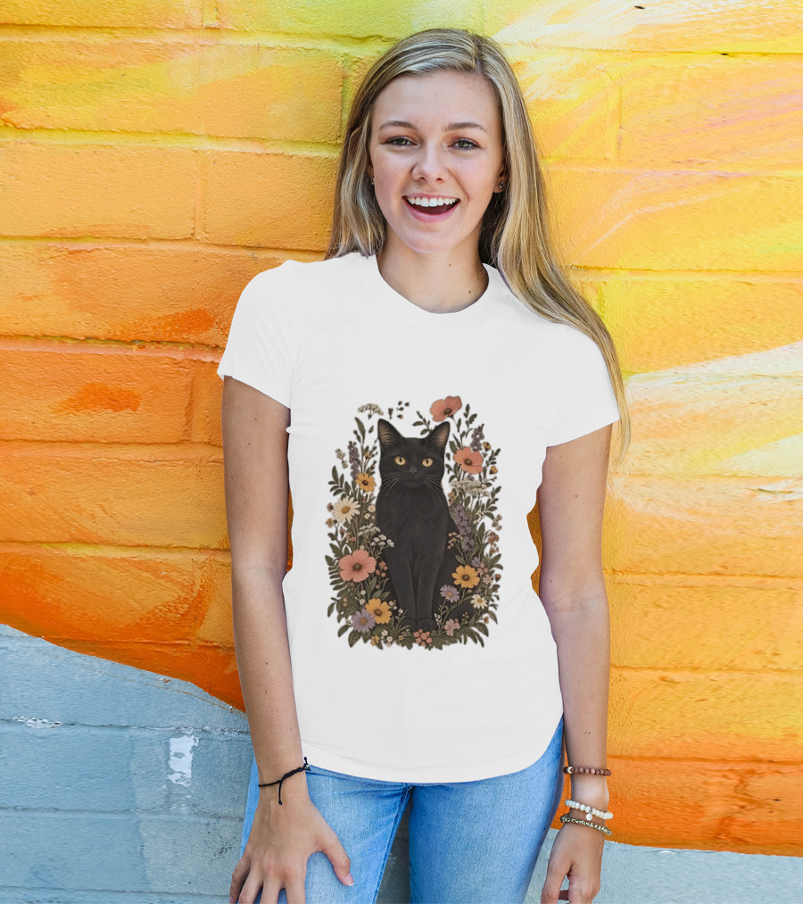 Black Cat In Blooming Garden Of Wildflowers T-Shirt