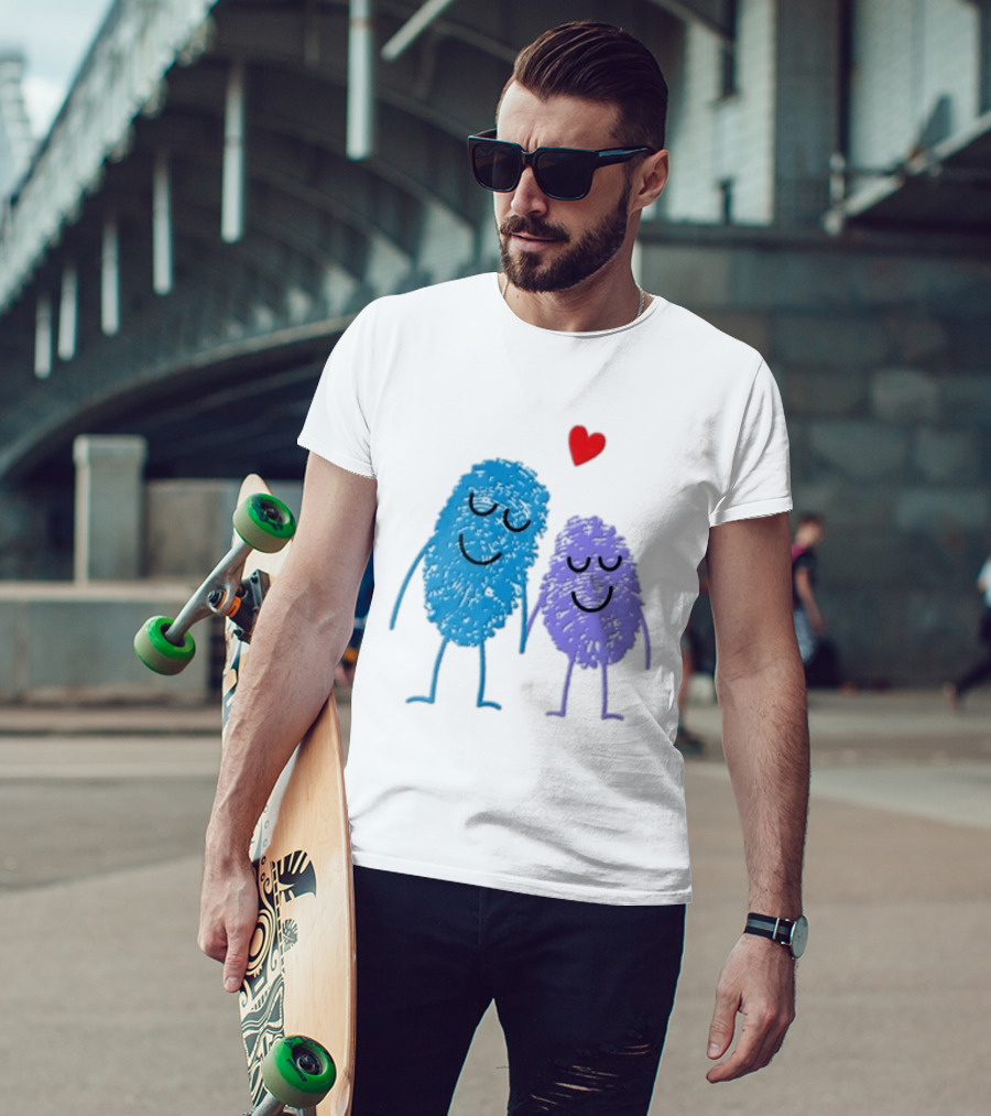 Blue Purple Fingerprint Characters Holding Hands Red Heart Cartoon T-Shirt