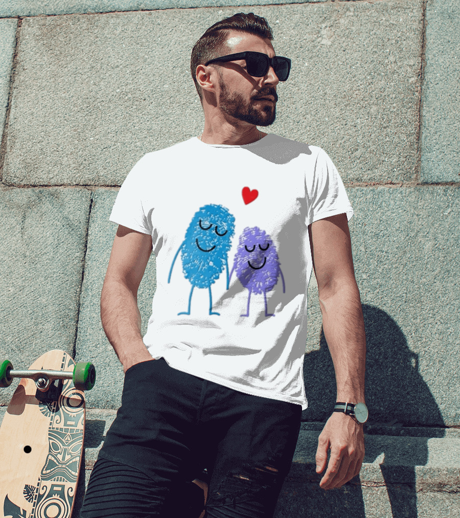 Blue Purple Fingerprint Characters Holding Hands Red Heart Cartoon T-Shirt