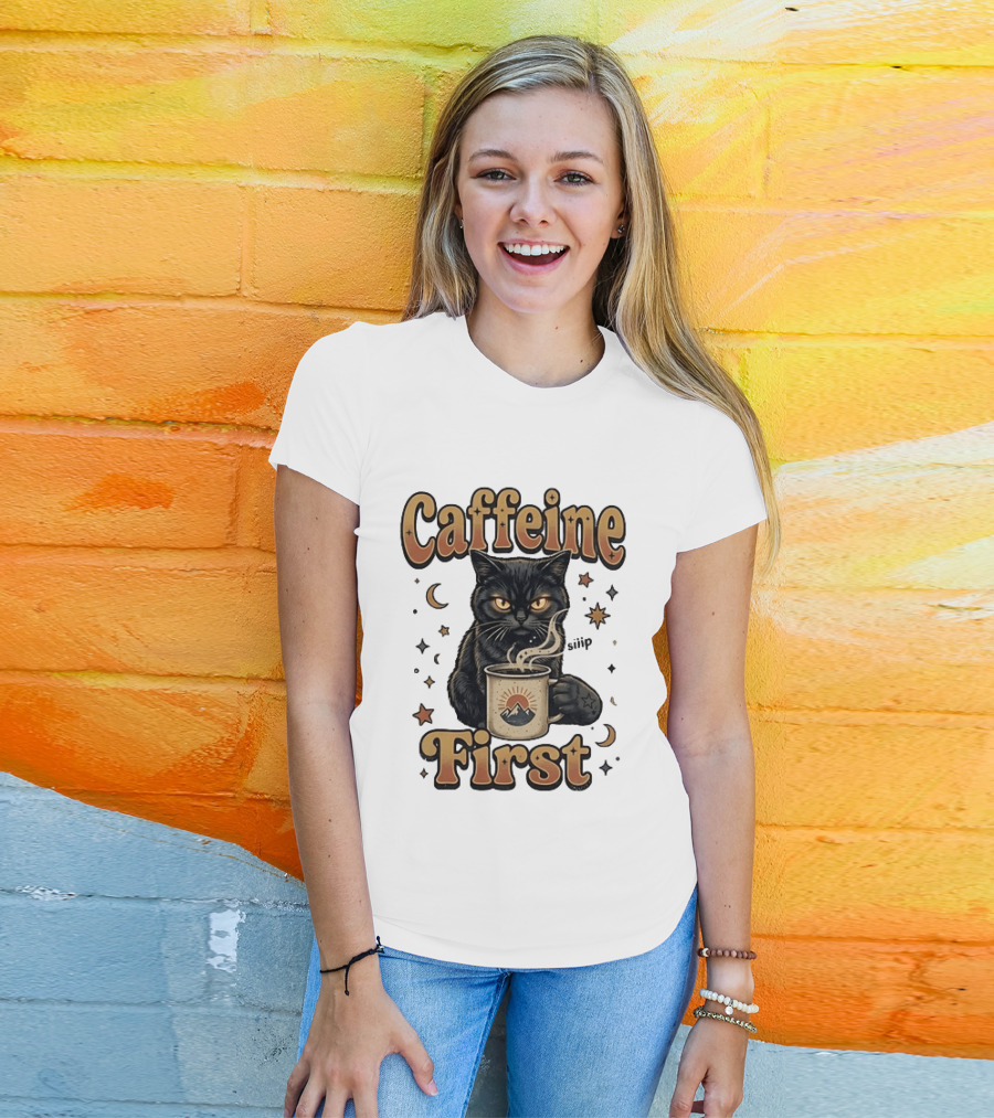 Caffeine First Cat With Coffee Moon Stars T-Shirt