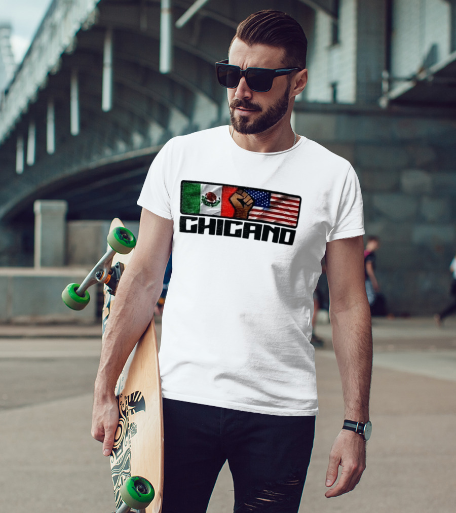 Chicano Mexican And American Flags With Raised Fist T-Shirt