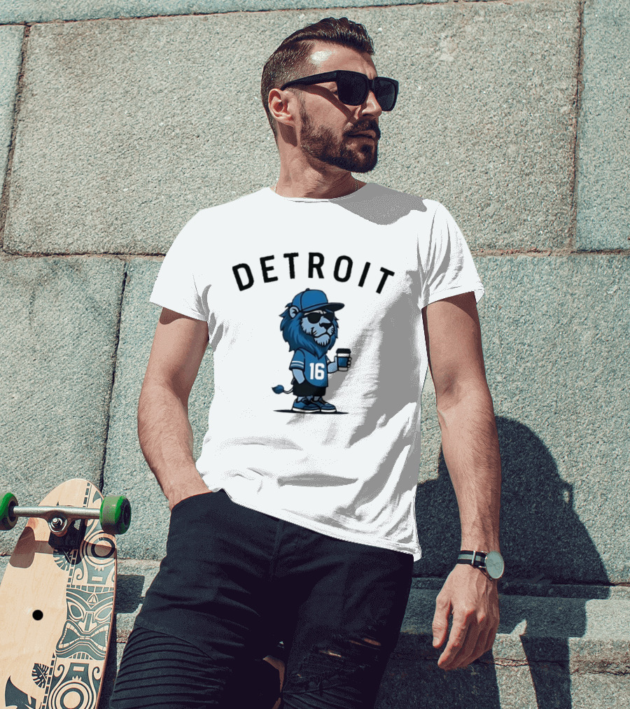 Detroit Lions Lion Mascot Jersey 16 With Coffee T-Shirt