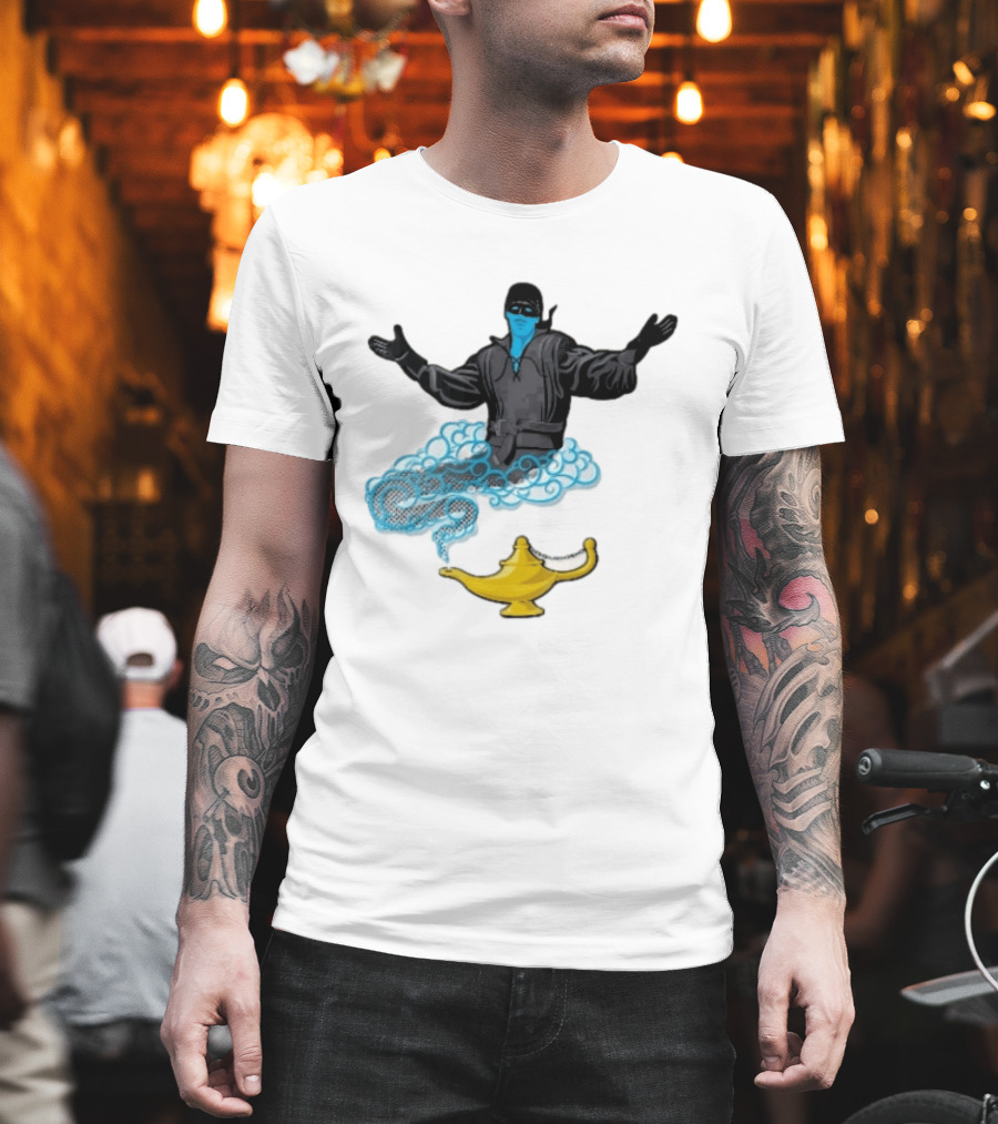 Dread Pirate Roberts Genie Man In Black With Golden Magic Lamp Halftone Cartoon T-Shirt