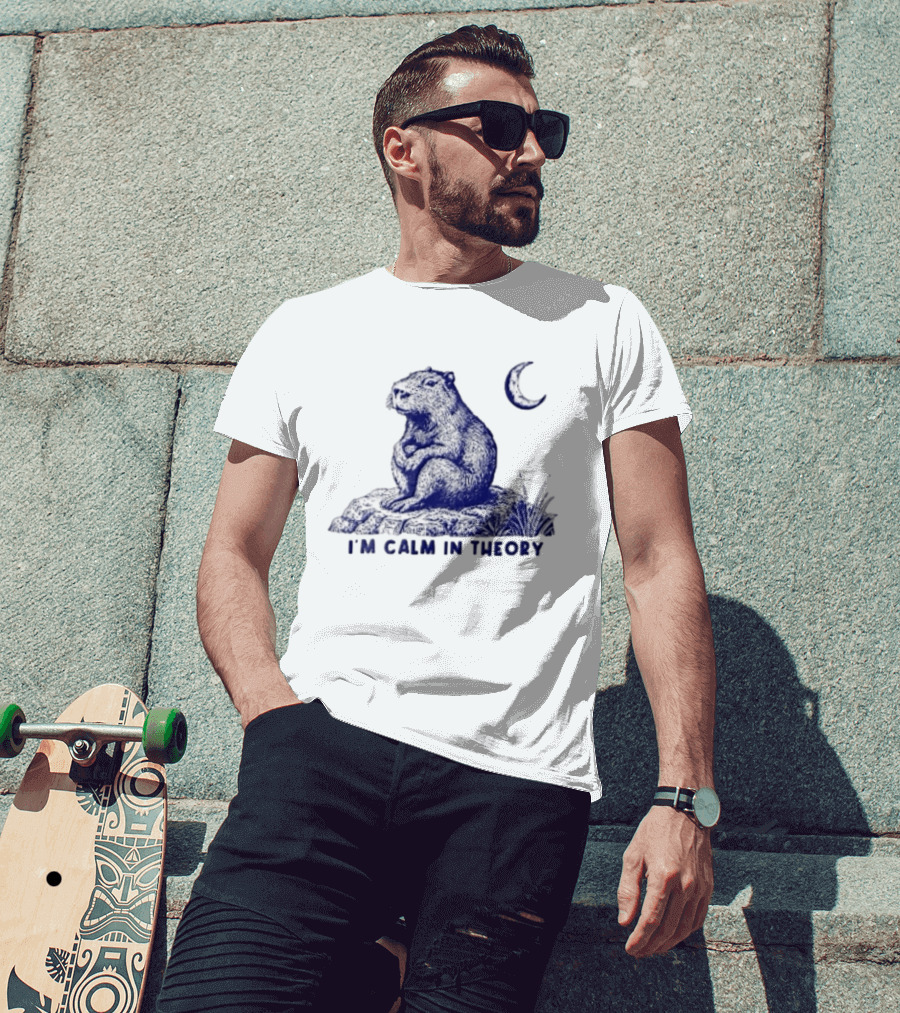 I'm Calm In Theory Capybara Sitting On Rock Under Crescent Moon T-Shirt