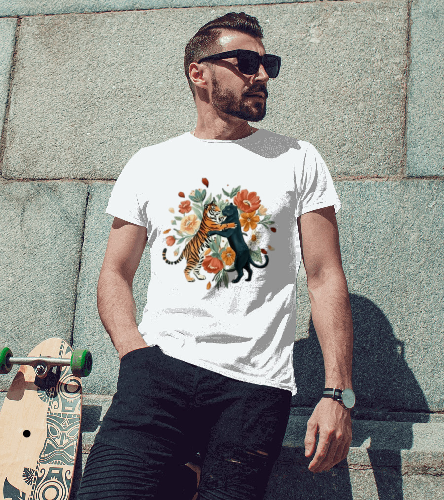 Tiger Black Panther Embrace Floral Bouquet Watercolor T-Shirt