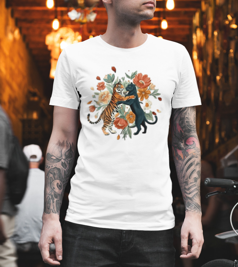 Tiger Black Panther Embrace Floral Bouquet Watercolor T-Shirt