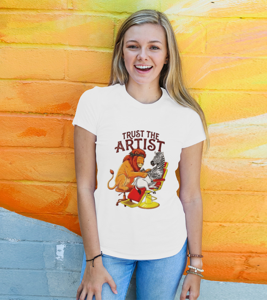 Trust The Artist Lion Tattooing Zebra In Barber Chair T-Shirt