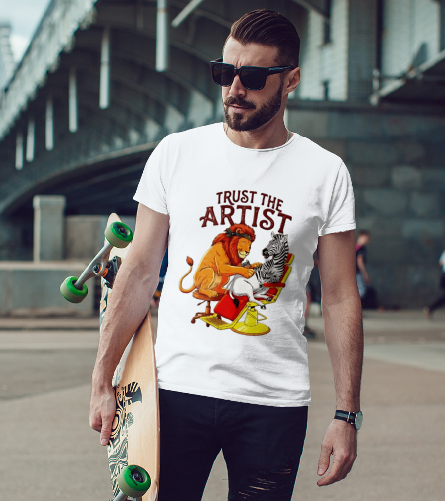 Trust The Artist Lion Tattooing Zebra In Barber Chair T-Shirt