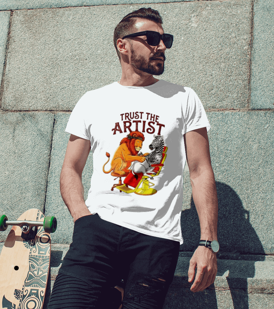 Trust The Artist Lion Tattooing Zebra In Barber Chair T-Shirt