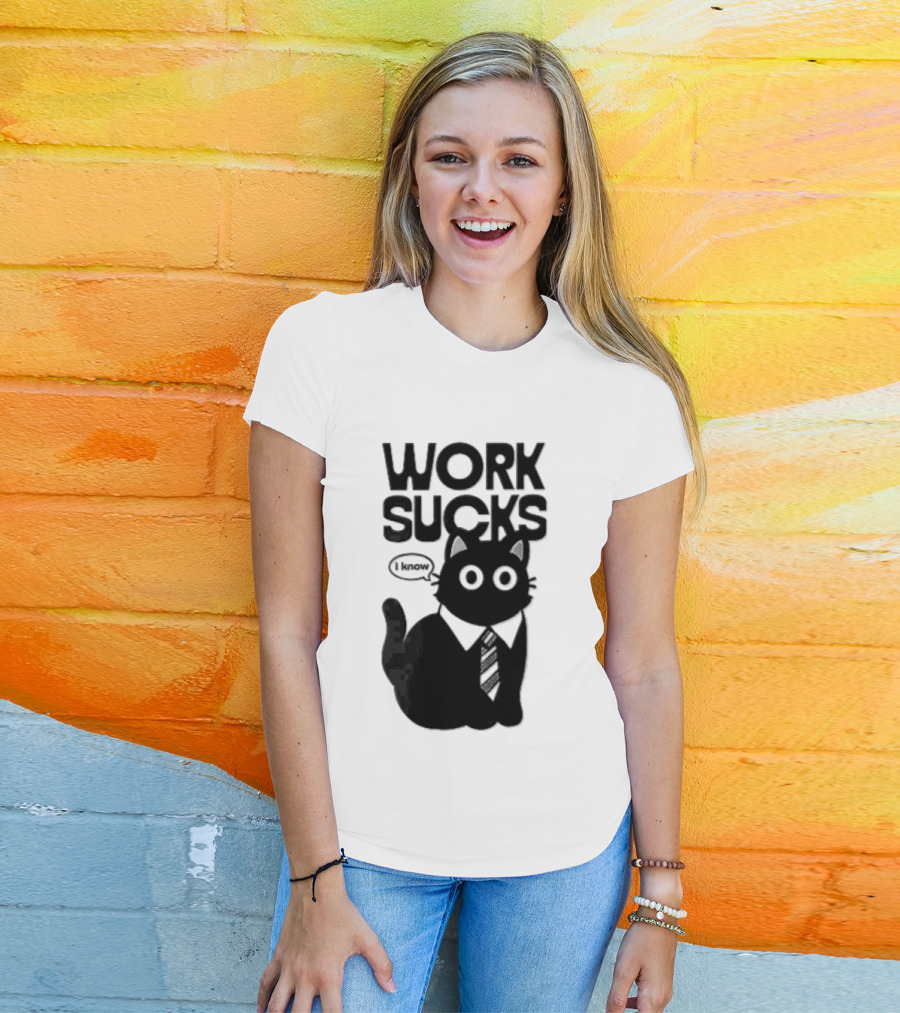 Work Sucks I Know Cartoon Black Cat T-Shirt