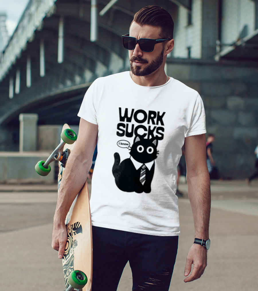 Work Sucks I Know Cartoon Black Cat T-Shirt