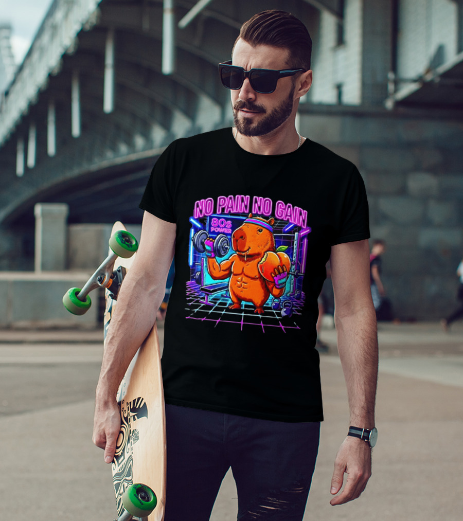 Capybara No Pain No Gain 80s Power Lifting Fitness Workout Gym T-Shirt