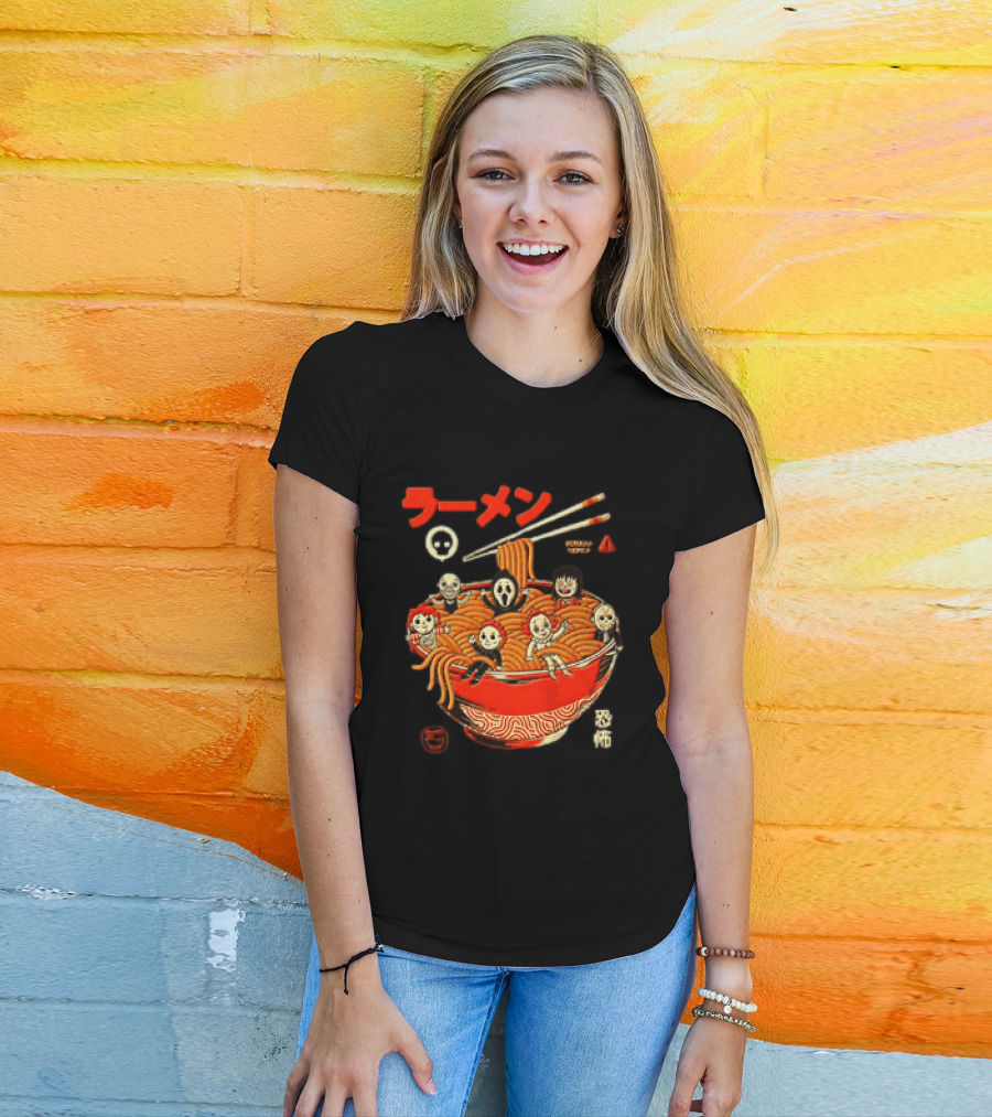 Chucky Ghostface Kayako Michael Myers Pennywise Jason Voorhees Ramen Horror Characters Eat Scream T-Shirt