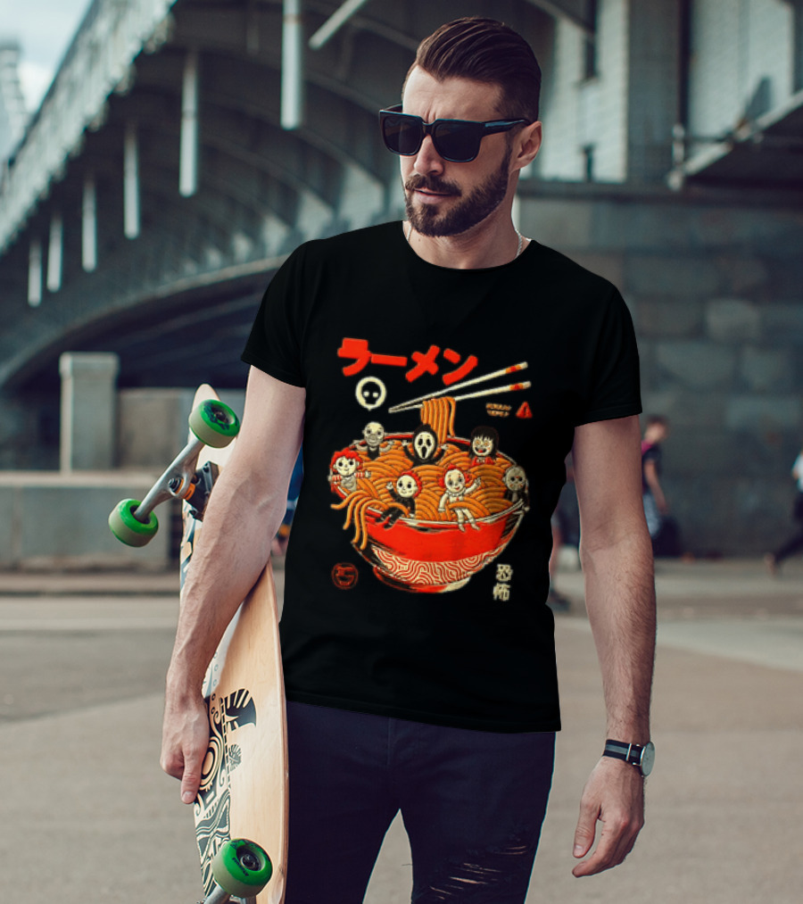 Chucky Ghostface Kayako Michael Myers Pennywise Jason Voorhees Ramen Horror Characters Eat Scream T-Shirt