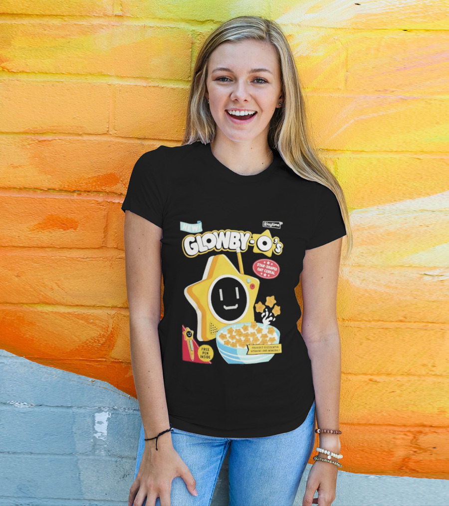 NEW Playtime Co Glowby O's Star Shaped Oat Cereal Box With Smiling Star And Bowl Of Cereal Bites T-Shirt