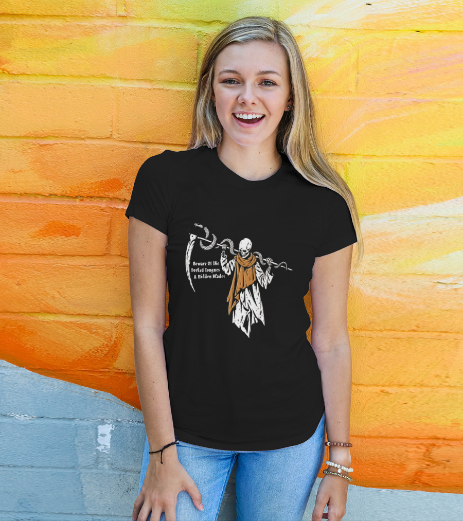 Beware Of The Forked Tongues And Hidden Blades Grim Reaper Snake T-Shirt