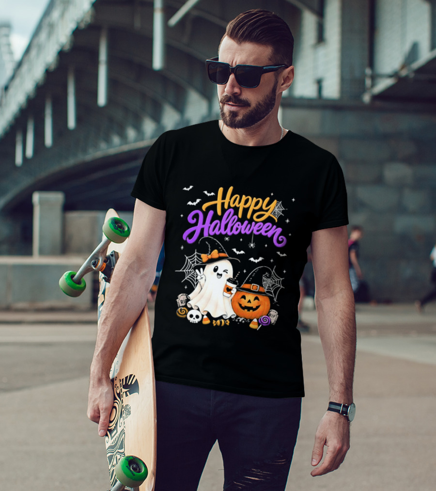 Happy Halloween Ghost Pumpkin Candy And Spider Webs T-Shirt