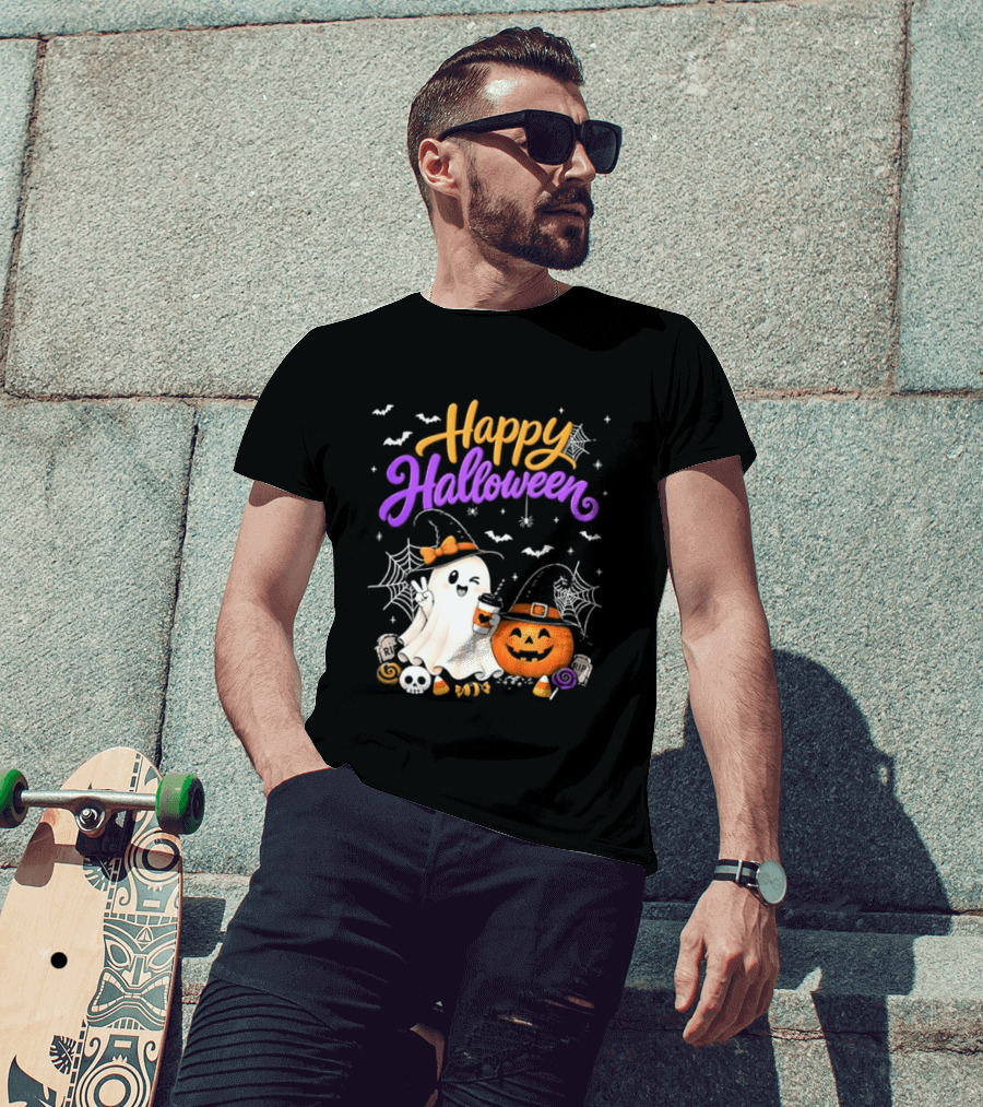 Happy Halloween Ghost Pumpkin Candy And Spider Webs T-Shirt