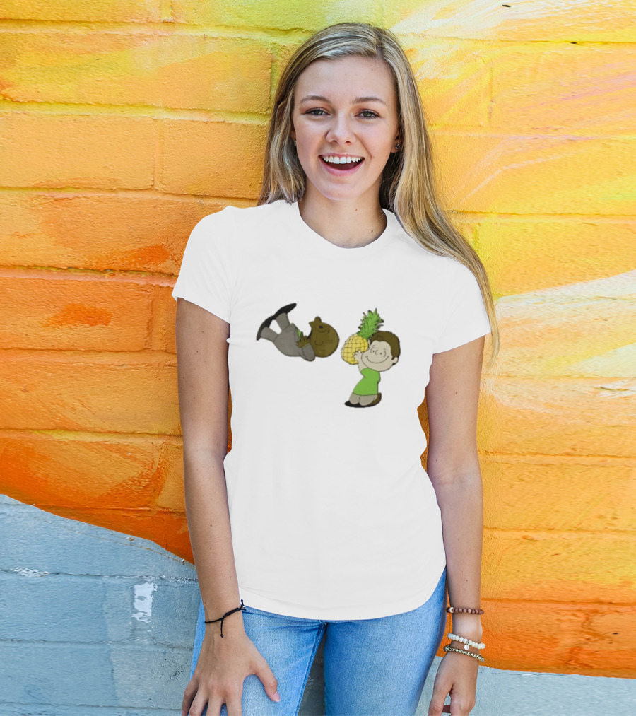 Cartoon Smiling Boy With Upside Down Pineapple Suit Person T-Shirt