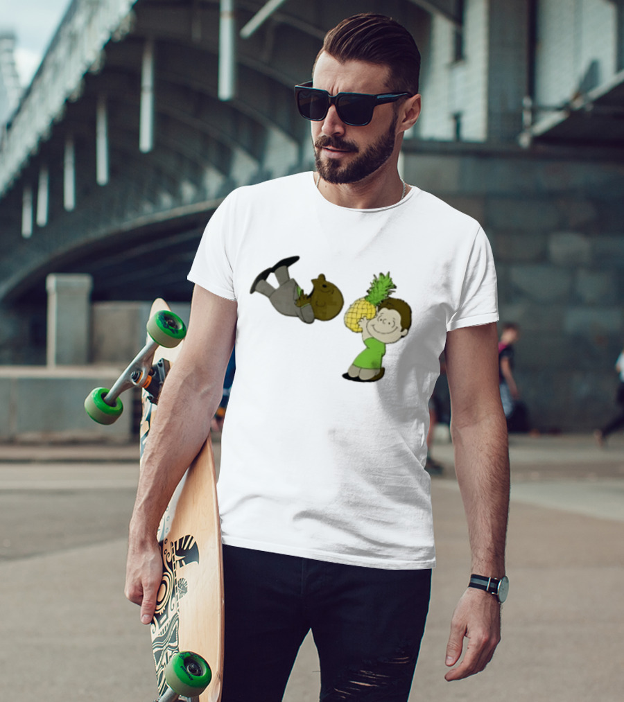 Cartoon Smiling Boy With Upside Down Pineapple Suit Person T-Shirt