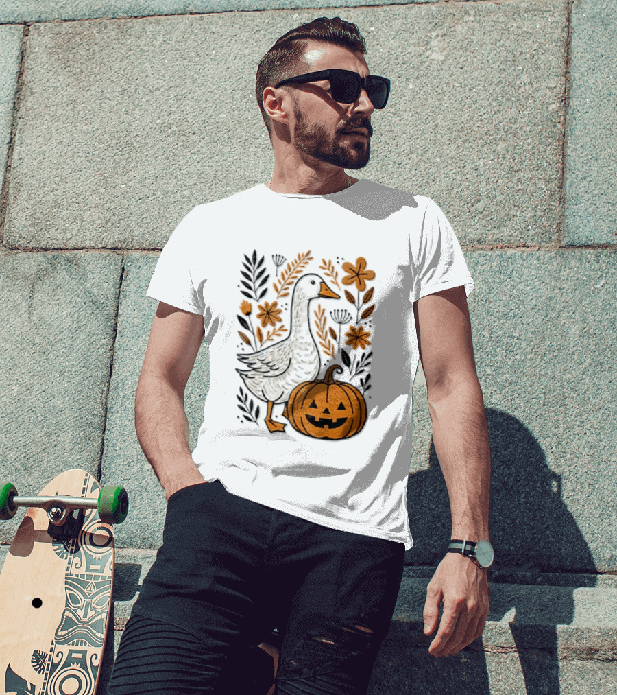 Goose With Jack O' Lantern Pumpkin Autumn Leaves And Flowers T-Shirt