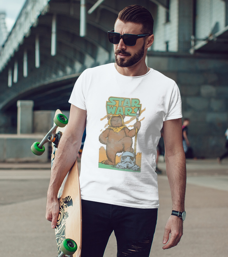 Star Wars Ewok Holding Spear With Stormtrooper Helmet T-Shirt