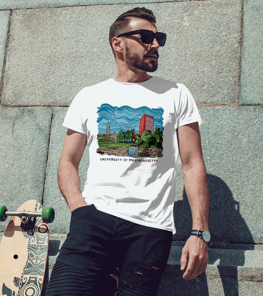 University Of Massachusetts Landmark Campus Scene Tower And Trees T-Shirt