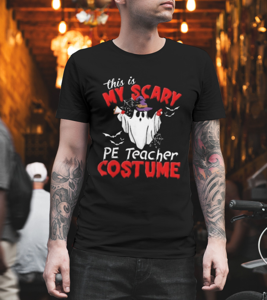 Scary PE Teacher Costume Ghost Witch Hat Whistle Megaphone Halloween T-Shirt