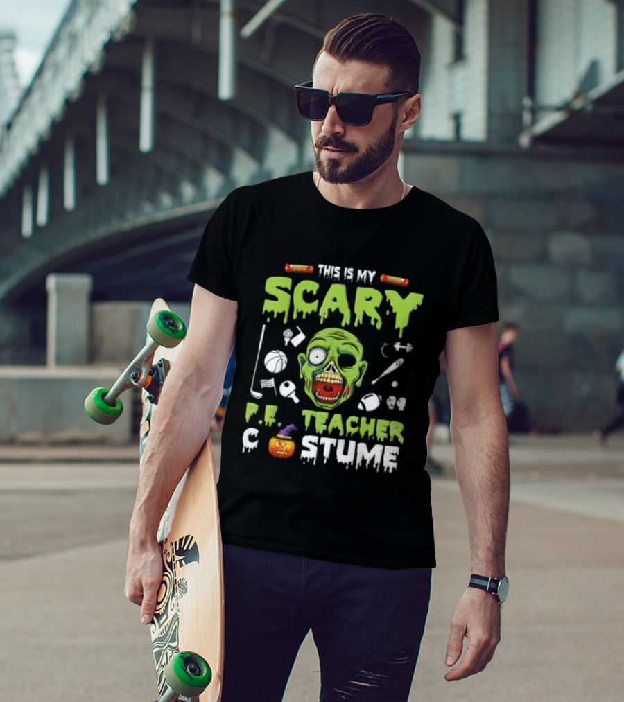 This Is My Scary PE Teacher Costume Zombie Head Sports Equipment Pumpkin T-Shirt