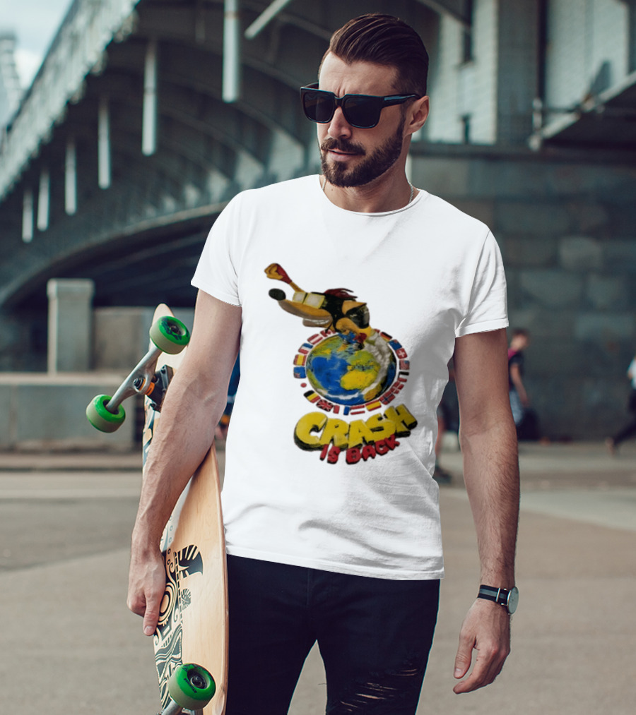 Crash Is Back Jetpack Adventure World Flags Globe Cartoon T-Shirt
