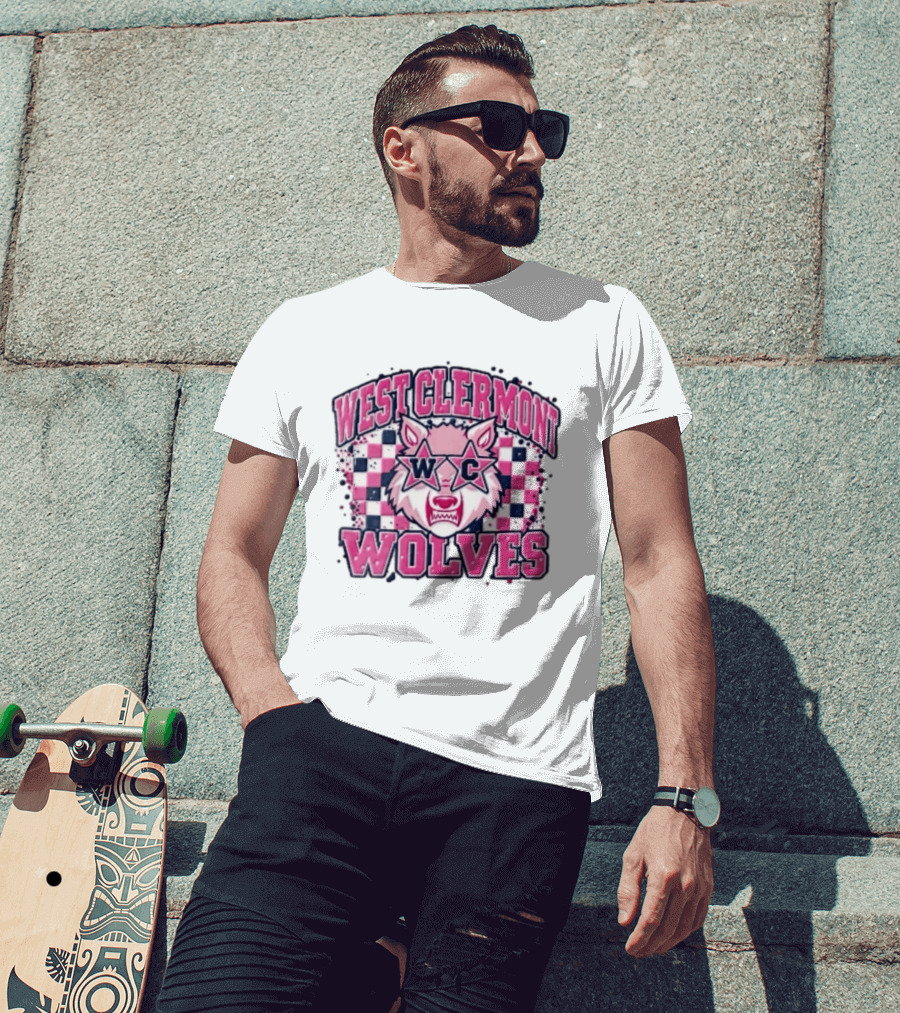 West Clermont Wolves WC Pink Star Sunglasses Checkered T-Shirt