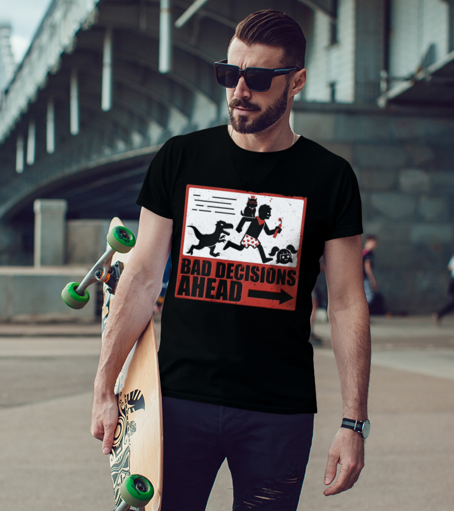 Bad Decisions Ahead Running From Dinosaur Distressed Humor T-Shirt