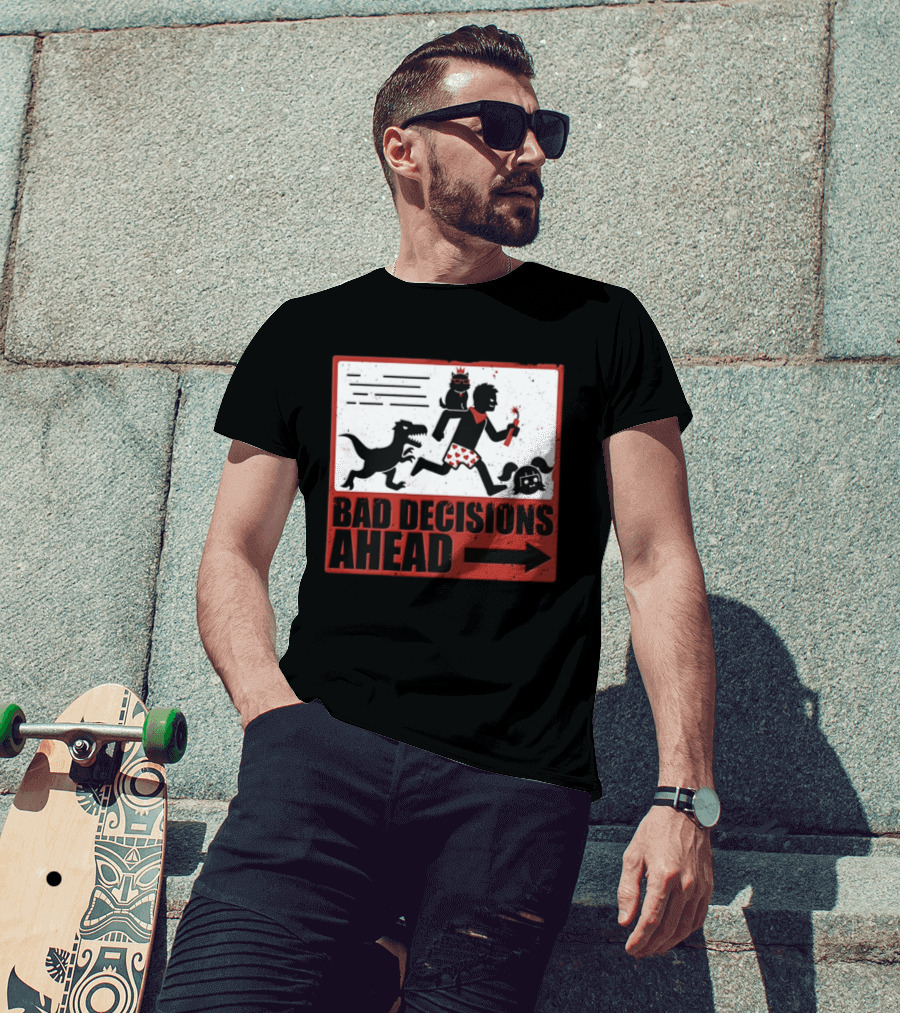 Bad Decisions Ahead Running From Dinosaur Distressed Humor T-Shirt