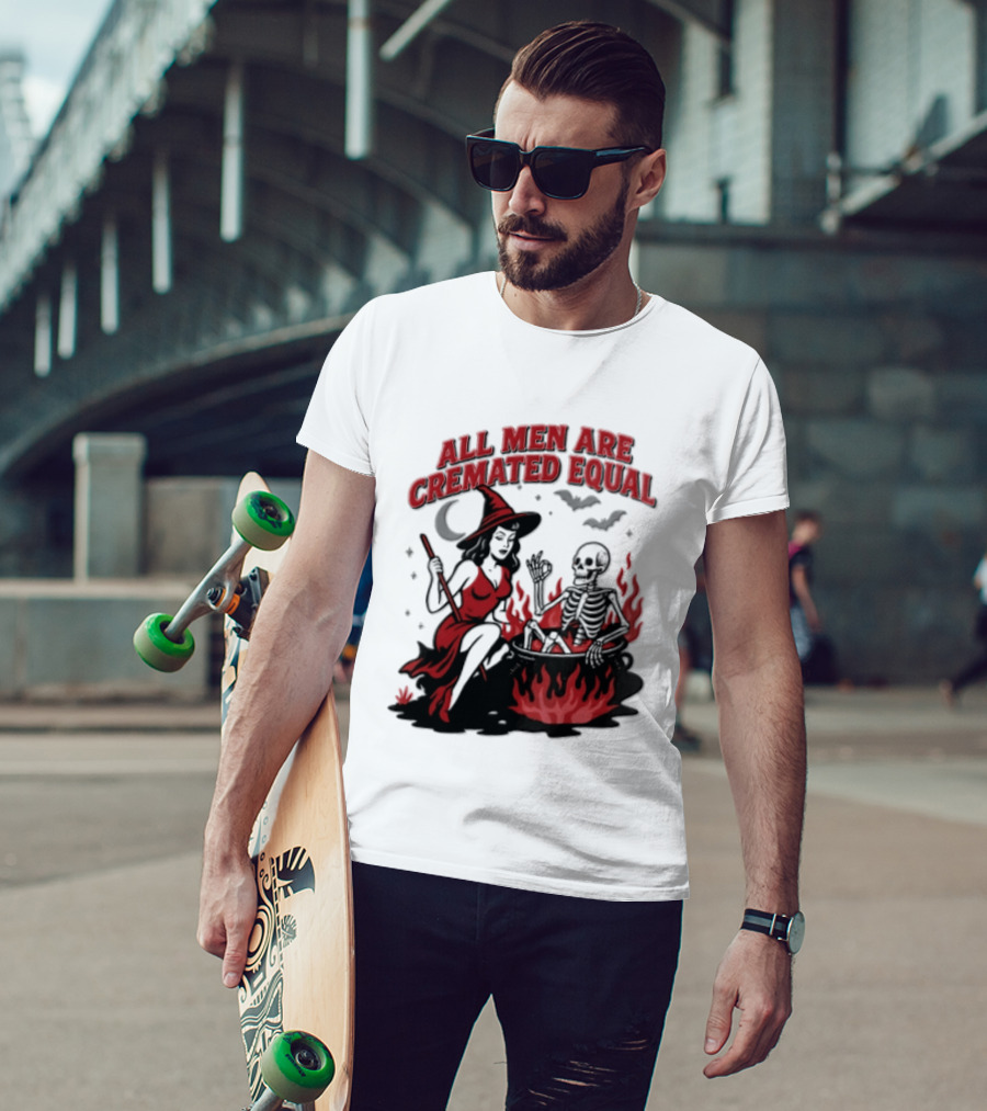 All Men Are Cremated Equal Witch Skeleton Cauldron Halloween T-Shirt