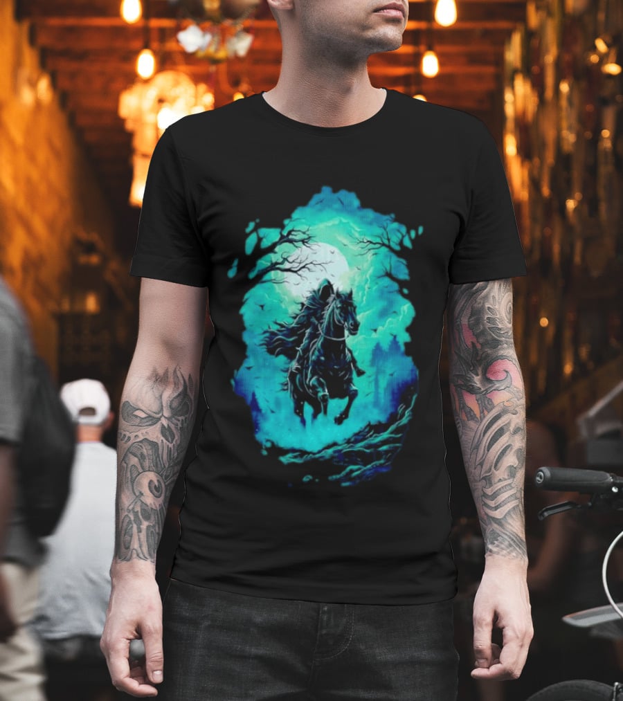 Headless Horseman Eerie Night Ride Through Spooky Forest T-Shirt