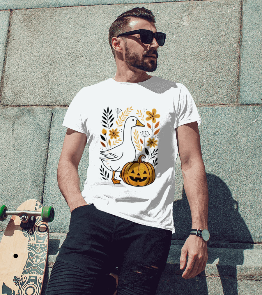 Pumpkin Jack O Lantern Goose Fall Farmhouse Floral Halloween T-Shirt