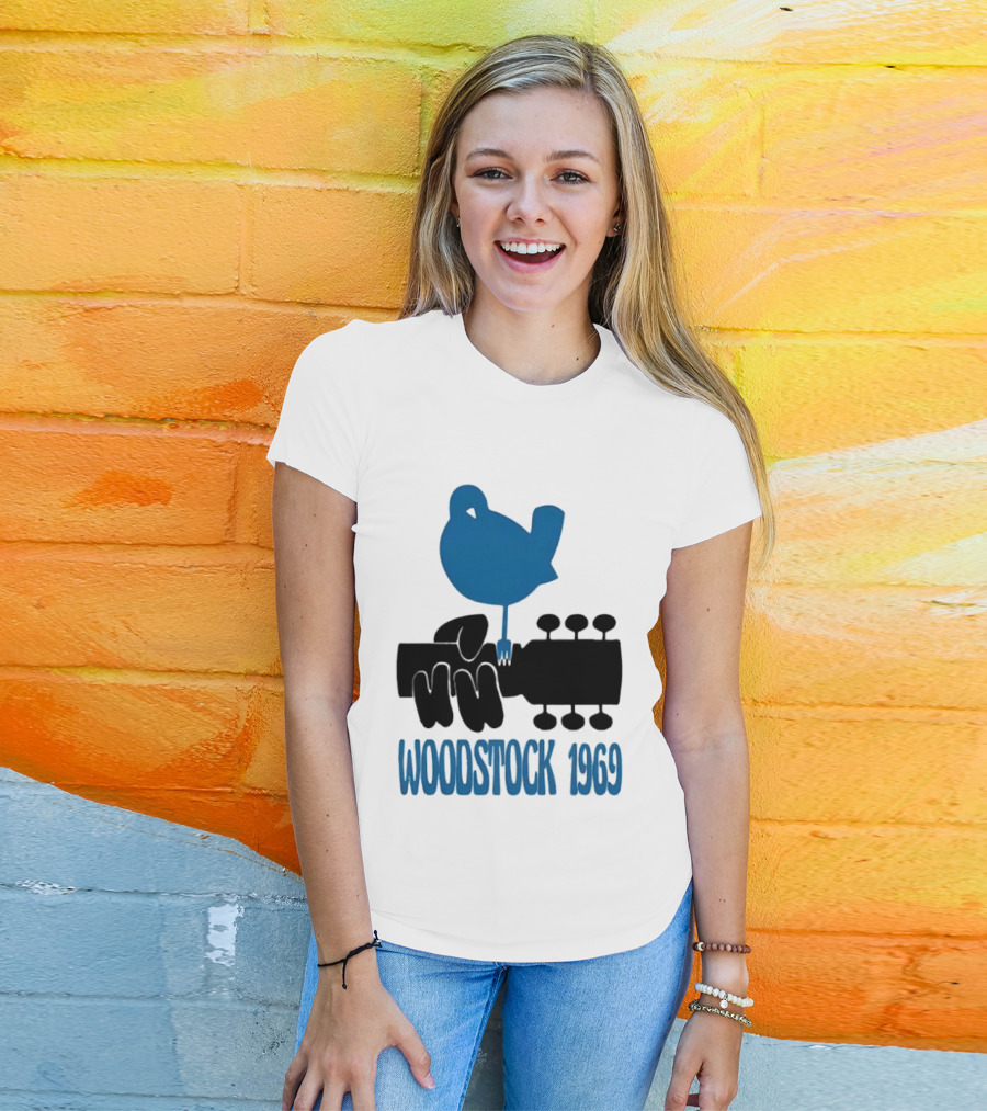 Woodstock 1969 Music Festival Bird On Guitar Neck T-Shirt
