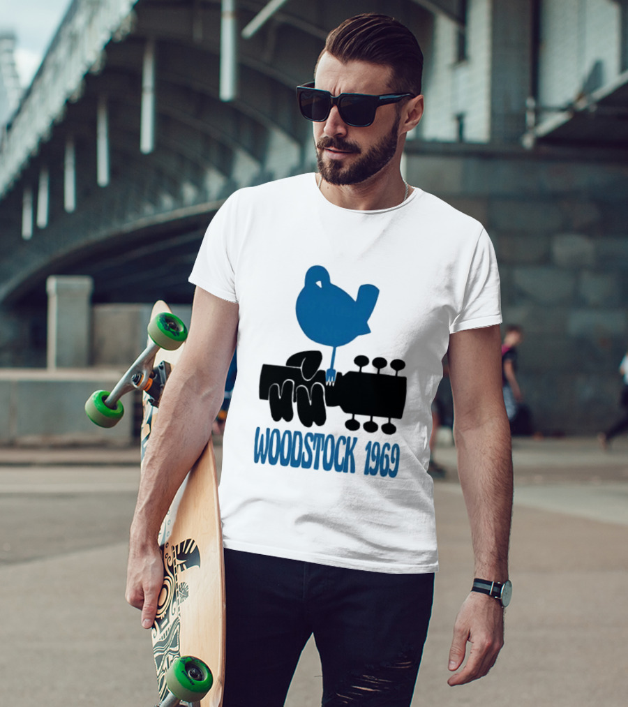 Woodstock 1969 Music Festival Bird On Guitar Neck T-Shirt