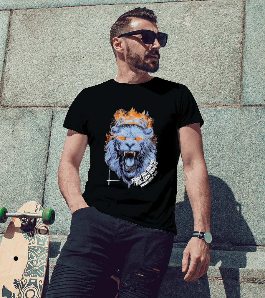 From The Throne The Lion Roars Revelation 5 5 Blue Flame Crown Lionhead T-Shirt