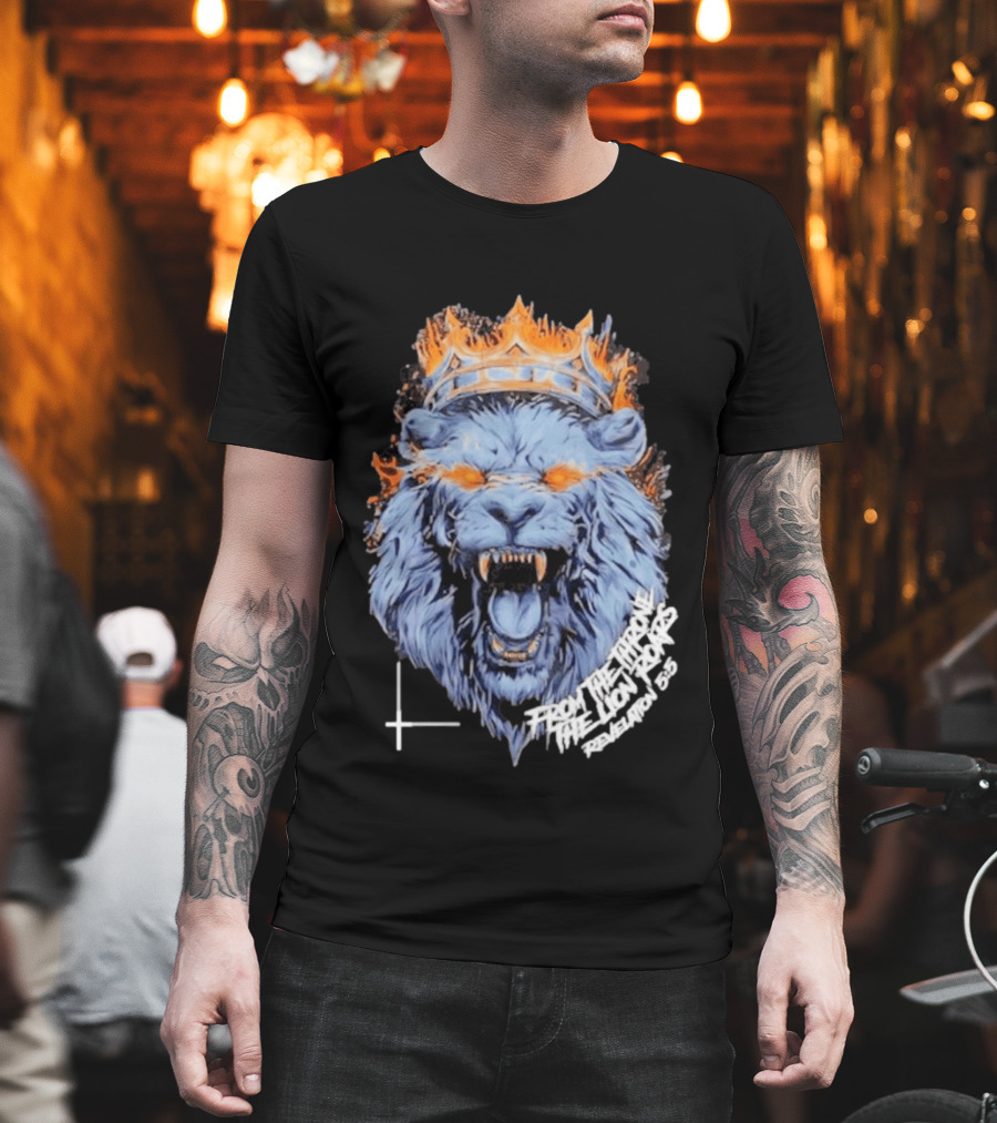 From The Throne The Lion Roars Revelation 5 5 Blue Flame Crown Lionhead T-Shirt