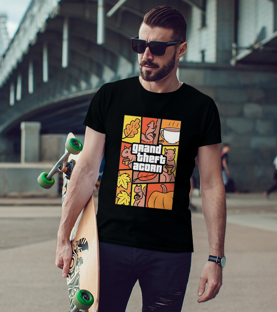 Grand Theft Acorn Autumn Squirrel Coffee Pumpkin Leaves T-Shirt