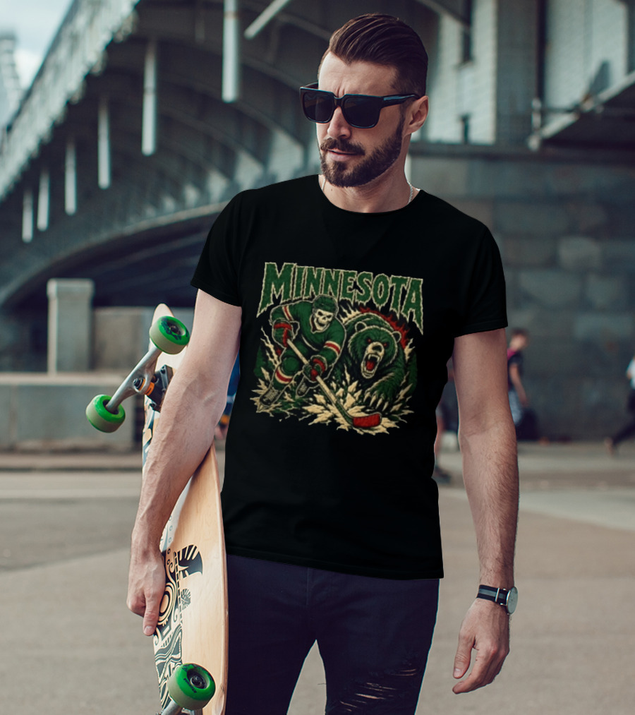 Minnesota Hockey Skeleton With Bear T-Shirt