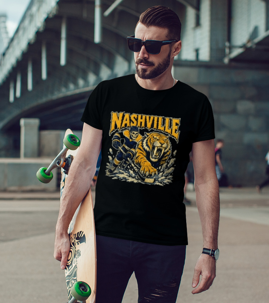 Nashville Hockey Skeleton Player With Fierce Tiger T-Shirt