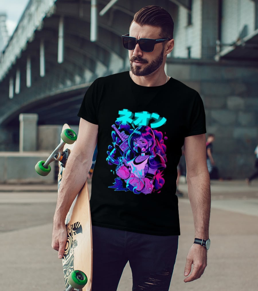 Neon Cyberpunk Anime Warrior Girl Futuristic Vaporwave Aesthetic T-Shirt
