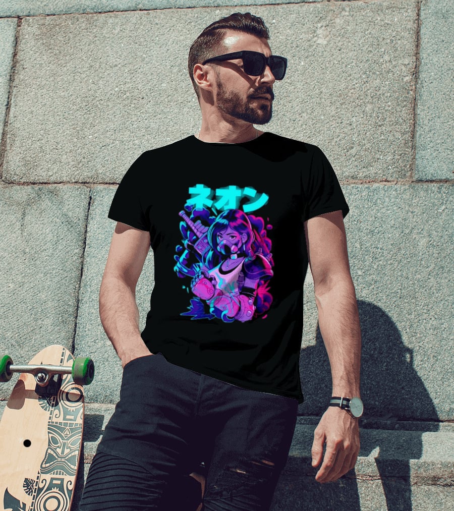 Neon Cyberpunk Anime Warrior Girl Futuristic Vaporwave Aesthetic T-Shirt