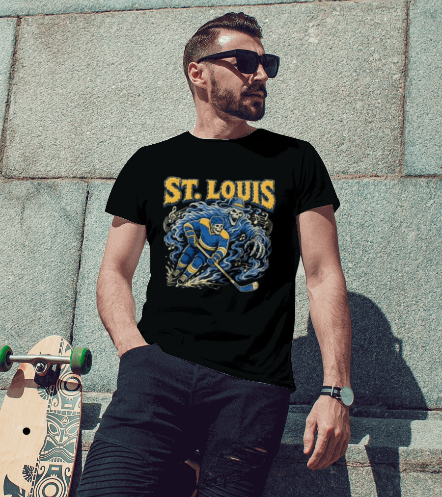 St. Louis Blues Hockey Skeleton Player With Music Notes And Ghostly Figure T-Shirt